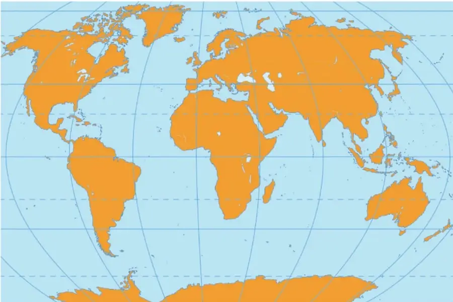 Mapa mundial en proyección sin nombres: tierras emergidas en naranja, océanos en azul claro, con paralelos y meridianos dibujados. Se aprecian América del Norte y del Sur, Europa, África, Asia, Oceanía y la Antártida.