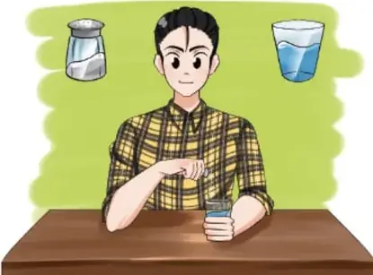Ilustración de un joven en una mesa con un frasco de sal y un vaso de agua, preparando una mezcla homogénea.