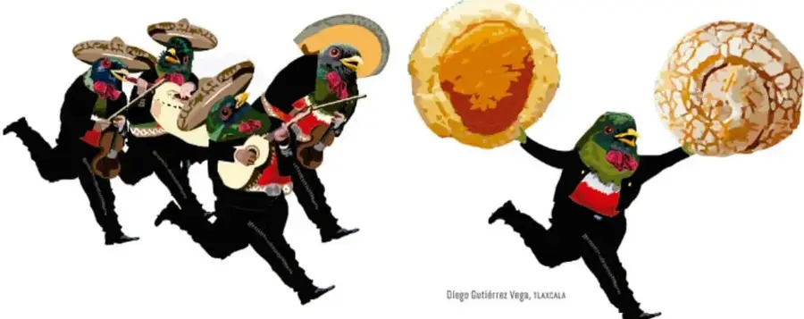 Ilustracion de un grupo de musicos y una persona con cabeza de ave cargando panes grandes, con la leyenda 'Diego Gutierrez Vega, TLAXCALA'.