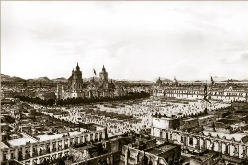 Litografía de Casimiro Castro: "Plaza de armas de México, México y sus alrededores" (1869), vista panorámica de la Plaza Mayor con el Palacio Nacional, la Catedral y multitudes; impresa en la Imprenta Litográfica de V. Debray. Acervo INEHRM.