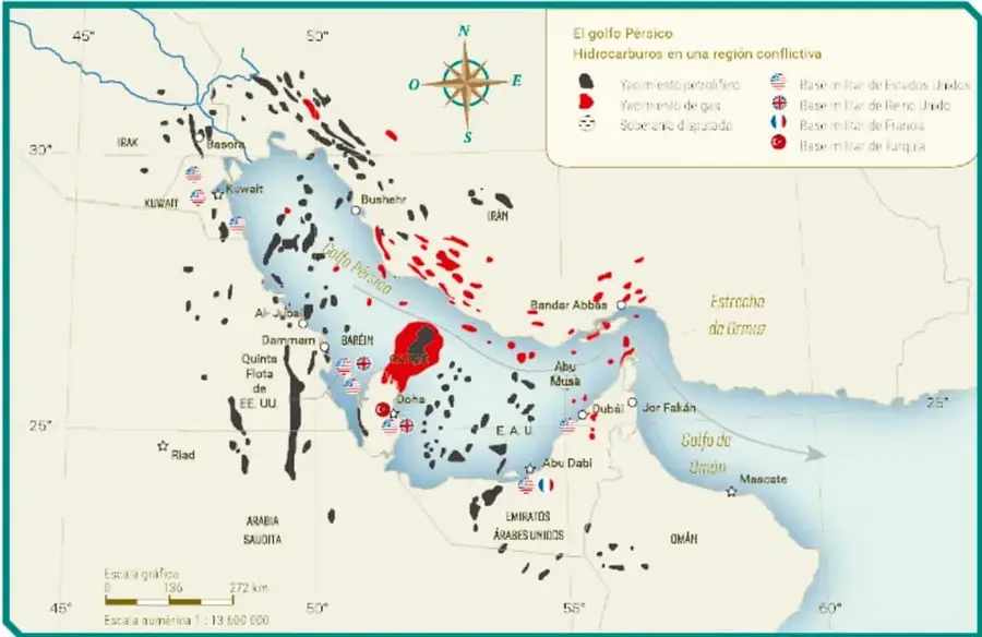 Mapa temático del golfo Pérsico con yacimientos de petróleo (rojo) y gas (negro), y bases militares de Estados Unidos, Reino Unido y Francia.