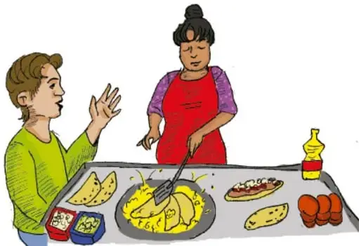 Ilustración de una madre y un niño cocinando tortillas de maíz en un comal, con ingredientes sobre la mesa. Crédito: Laura Antonio Viquez, Estado de México.