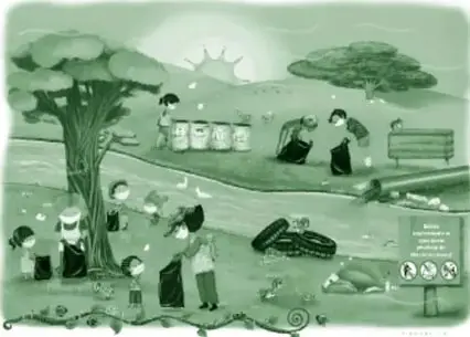 Ilustración en verde titulada '¿Cómo cuido el entorno natural?': un árbol grande, niños y personas recogiendo basura junto a un río, contenedores, un letrero con indicaciones de cuidado y vehículos dañados en el paisaje.