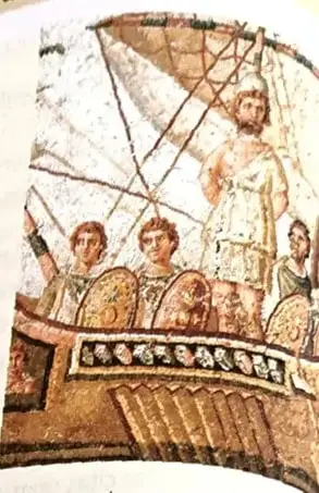 Ilustración de una escena de la Odisea en la que aparecen Odiseo y sus compañeros en una embarcación.