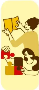Ilustración de dos estudiantes trabajando con libros y materiales, uno de ellos con una lupa, en actitud de investigación.