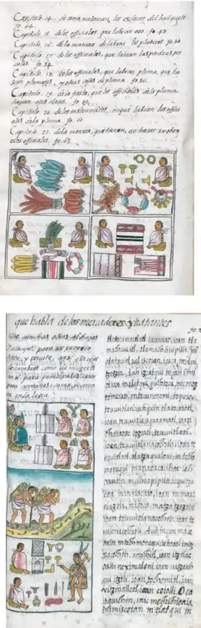 Códice colonial con texto en náhuatl y glifos de productos tributados (mantas, plumas, joyas).
