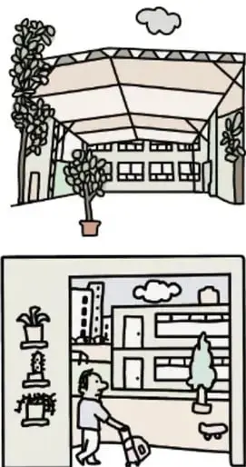 Ilustración de un estudiante barriendo frente a un edificio urbano con plantas.
