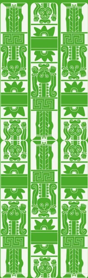 Decoración de tres columnas verticales con motivos prehispánicos estilizados en verde: figuras antropomorfas, flores y grecas.