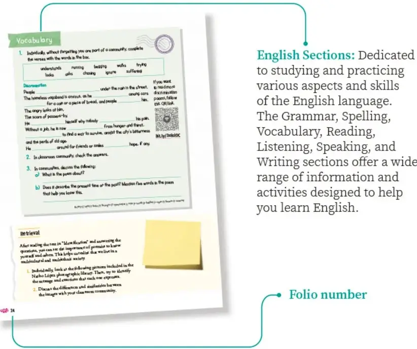 Página de libro con sección Vocabulary y ejercicio de completar oraciones; incluye un código QR y un recuadro de texto.