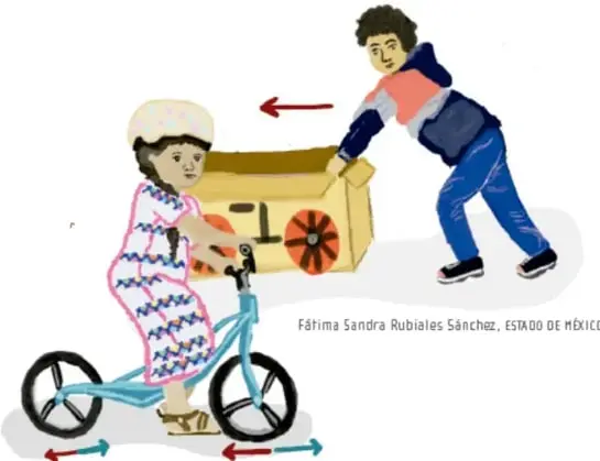 Ilustración de una persona empujando, en el sentido de una flecha roja hacia la izquierda, una caja colocada sobre una bicicleta; la bicicleta muestra flechas rojas en ambos sentidos en la parte inferior. Crédito: Fátima Sandra Rubiales Sánchez, ESTADO DE MÉXICO.