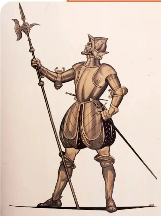 Ilustración de un alabardero español del siglo XVI con armadura completa, sosteniendo una alabarda y una espada al cinto.