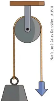 Ilustración de una polea con una pesa colgando y una flecha azul hacia abajo, indicando la acción de la fuerza de gravedad.