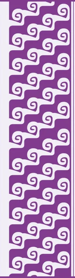 Franja decorativa vertical color morado con patrones geométricos blancos en forma de espiral.