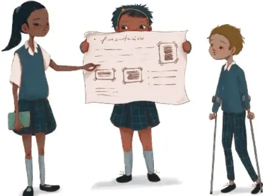 Ilustración de tres estudiantes de secundaria; dos de ellos sostienen un cartel de proyecto y un tercero, con muletas, participa en la presentación. Crédito: Francisco Fabián Murillo Ruiz, Guanajuato.