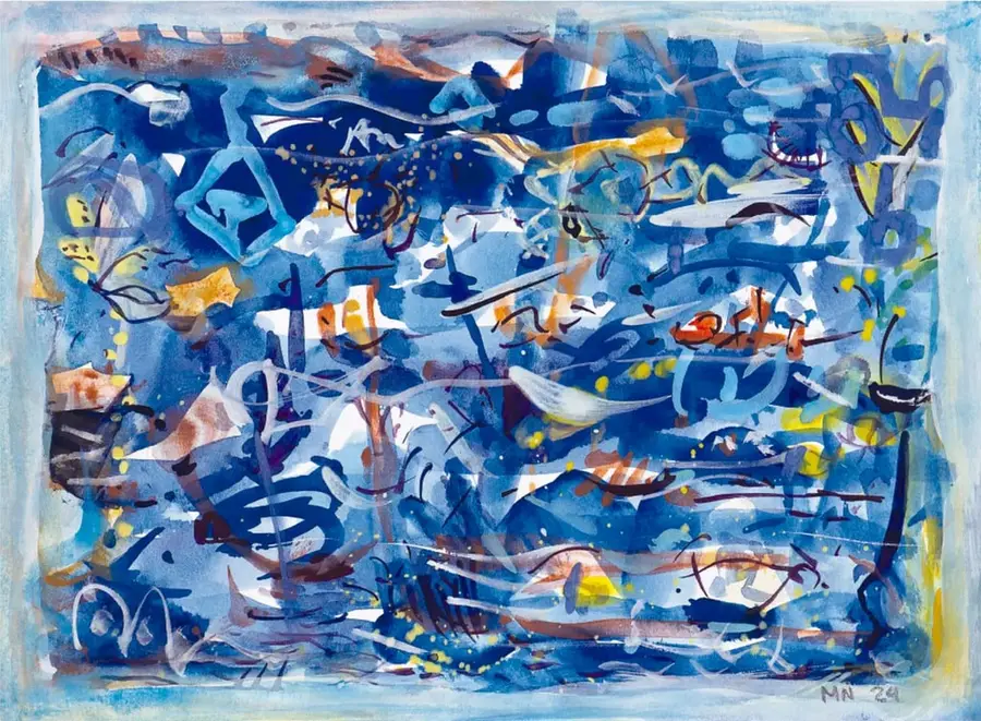 Pintura abstracta con predominio de azules, manchas amarillas, blancas, rojas y cafés, y trazos negros que parecen letras o signos. En la esquina inferior derecha se lee 'MN 24'.