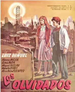 Cartel (lobby card) de Los olvidados: ilustración de un joven y una joven con una torre y edificios de fondo, con los nombres del reparto (Luis Buñuel, Estela Inda, Miguel Inclán, Roberto Cobo, Alma Delia Fuentes) y el título en letras rojas.