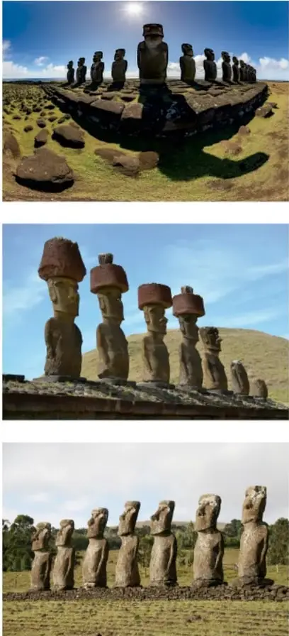 Fotografía aérea de una plataforma (ahu) con varios moais de espaldas al mar, con el sol reflejado en el cielo y restos de estatuas caídas en el pastizal.