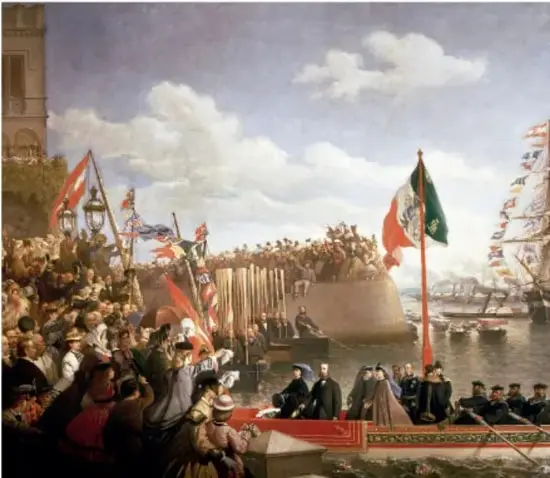 Pintura histórica que muestra la salida del ejército francés de México, con soldados y civiles en un puerto, banderas de México y Francia.