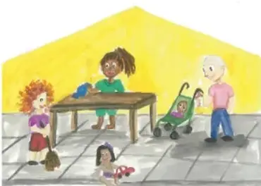 Ilustración de una familia realizando tareas del hogar: una mujer barriendo, una niña en el suelo, una mujer en una mesa y un hombre con una carriola.