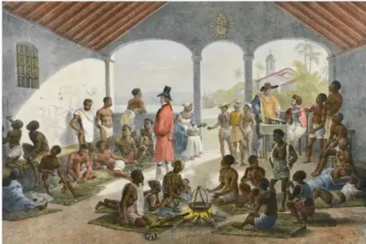 Ilustración de una escena colonial en un patio porticado: personas africanas esclavizadas sentadas en el suelo, acompañadas de un funcionario colonial con traje rojo y sombrero, y otros personajes de la época; muestra el contexto de la trata en la Nueva España.