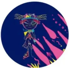 Círculo con ilustración estilo wixárika: figura con sombrero decorado y líneas rosas y azules sobre fondo azul oscuro.