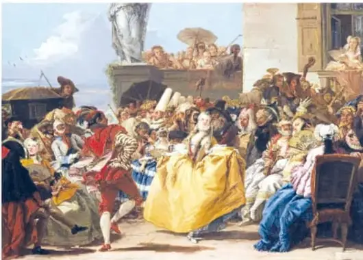 Pintura de una fiesta de carnaval europea antigua, con personas disfrazadas y bailando alrededor de una fuente.