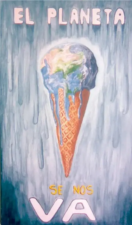 Cartel artístico con la frase 'EL PLANETA SE NOS VA': muestra un planeta Tierra derretiéndose como una bola de helado sobre un cono, con lluvia de colores de fondo, símbolo del calentamiento global.