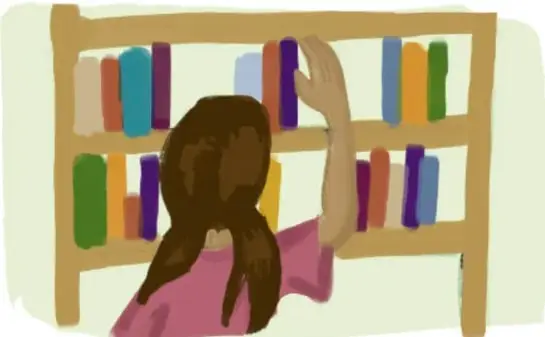 Ilustración de una niña de espaldas frente a un librero, eligiendo un libro.