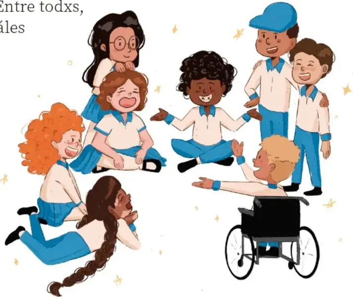 Ilustración de un grupo de niñas y niños de primaria (una de ellos usuaria de silla de ruedas) sentados y jugando en el patio escolar, con camisetas blancas y pantalones azules. Crédito: Paloma Sirani Zataray Mora, Michoacán.