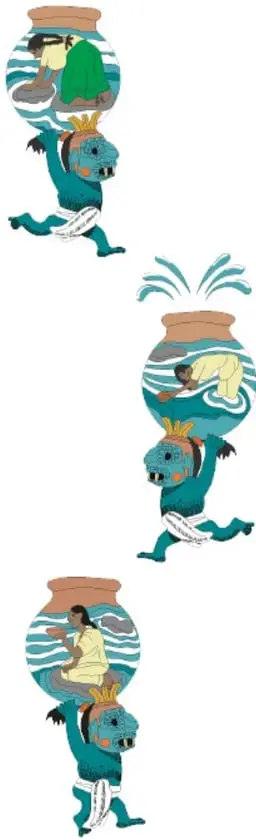 Ilustración de Luis Antonio Moreno Aguayo (Nayarit): tres figuras humanas estilizadas caminando y portando cántaros o tinajas de agua sobre sus cabezas, en estilo de arte popular mexicano.
