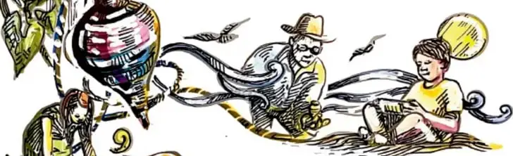 Ilustración de un abuelo con sombrero y un niño sentados en el suelo, con un trompo y aves alrededor.