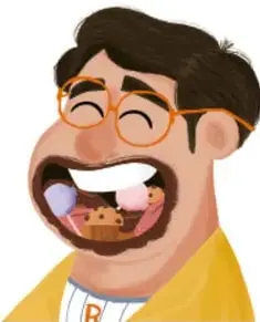 Ilustración de una persona sonriente comiendo con la boca abierta.