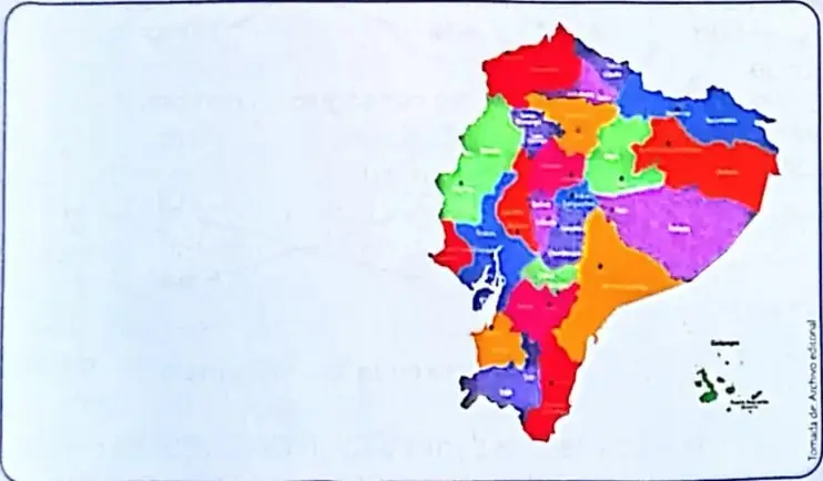 Mapa colorido del Ecuador con sus provincias, usado para la actividad de investigación.