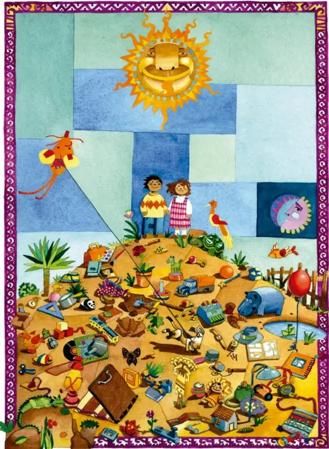 Collage colorido con un sol radiante, una cometa naranja, Ernesto y Andrea de pie sobre una colina, un perro, una paloma, un pez y numerosos objetos perdidos (juguetes, llaves, reloj, paraguas, pelota, libro) entre plantas y tierra. El fondo está formado por cuadros de colores azules, verdes y morados.