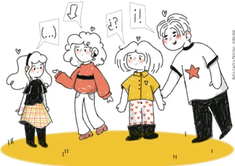 Ilustración de cuatro niñas y un niño conversando, con globos de diálogo que contienen signos de puntuación («…», «!», «¿?», «¡!») y corazones, representando distintas formas de comunicación.