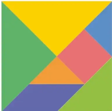 Cuadrado grande armado con las 7 piezas del tangram en colores: triángulos amarillo y verde grandes, triángulo azul, cuadrado rosa, triángulo naranja, triángulo morado y paralelogramo verde claro.