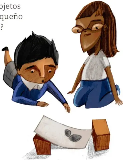 Ilustración de dos niños arrodillados probando un pequeño puente de papel con piedras encima, apoyado sobre bloques de madera.