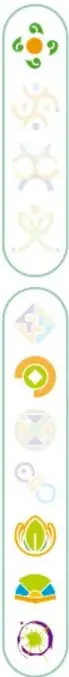 Columna decorativa con iconos circulares de colores (verde, naranja, azul, amarillo) que representan símbolos de higiene, salud y naturaleza.