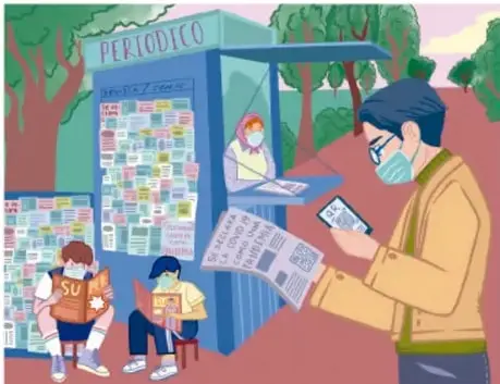 Ilustración de un kiosco de periódico en un parque con lectores usando cubrebocas; crédito: Naomi Graciela Cruz García, BIA CALIFORNIA.