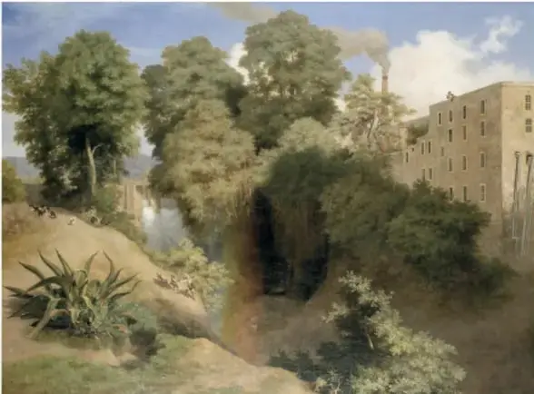 Paisaje con colinas arboladas, figuras humanas y una fábrica al fondo: obra 'La Hormiga', 1863.
