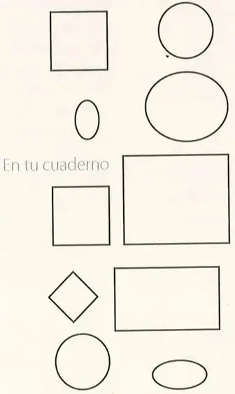 Conjunto de cuadrados, rectángulos, círculos y óvalos para identificar parejas de figuras semejantes.