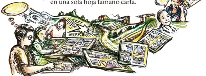 Ilustración de varios niños y niñas dibujando y leyendo historietas alrededor de una mesa, con hojas y lápices de colores; al fondo se ven viñetas y un sol sonriente.