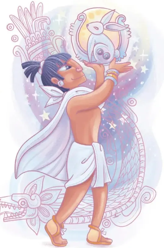 Ilustración de Quetzalcóatl como joven que levanta en alto al conejito; detrás se aprecia una serpiente emplumada y una Luna con la silueta del conejo, con estrellas y motivos mexicas.
