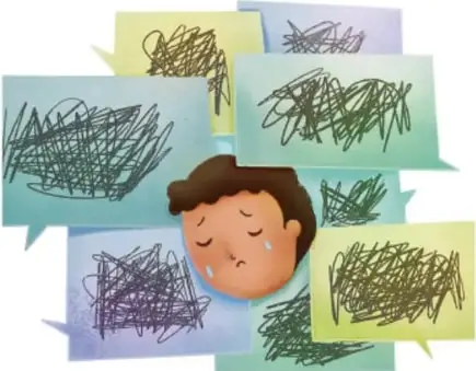 Ilustración de un niño llorando rodeado de globos de diálogo con garabatos, firma de Karina Enríquez Pérez Olmos, MENDIOLAN.