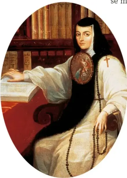 Retrato ovalado de Sor Juana Inés de la Cruz, monja con hábito y escudo, escribiendo en un escritorio rodeada de libros.