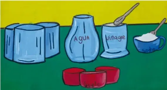 Ilustración de vasos transparentes con agua, un frasco con vinagre, un recipiente con bicarbonato de sodio y cucharita, y tres recipientes rojos con muestras de suelo.
