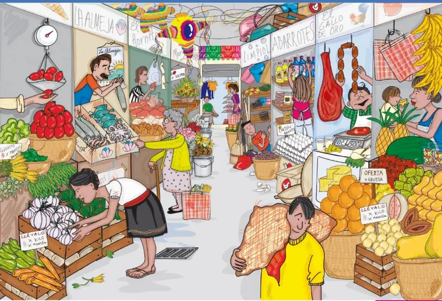 Ilustración a color de un mercado mexicano: vendedores y compradores (una señora con bastón, una niña con canasta, un señor que carga un costal de tortillas, una pollera), puestos con jícaras, jitomates, ajo, cebolla, zanahorias, aguacates, mangos, plátanos, piñas, sandías, jamones y huevos; sobre los puestos hay letreros escritos como "ABARROTES", "EL GALLO DE ORO", "OFERTA X GRUESA" y "LLÉVALO X KILO". Autora: Ana Lucía Zamudio González.