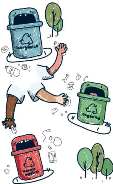 Ilustración de tres contenedores de basura: inorgánica (azul), orgánica (verde) y manejo especial (rojo), con árboles y una persona; crédito a Aylin Castro Melchor, VERACRUZ.