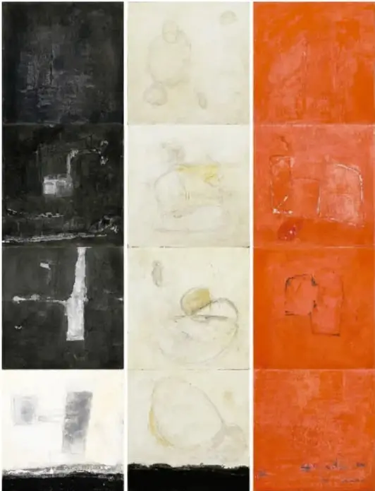 Obra 'Canal Than' (2011): tres franjas horizontales de color arena con piedras, madera y relieves moldeados.