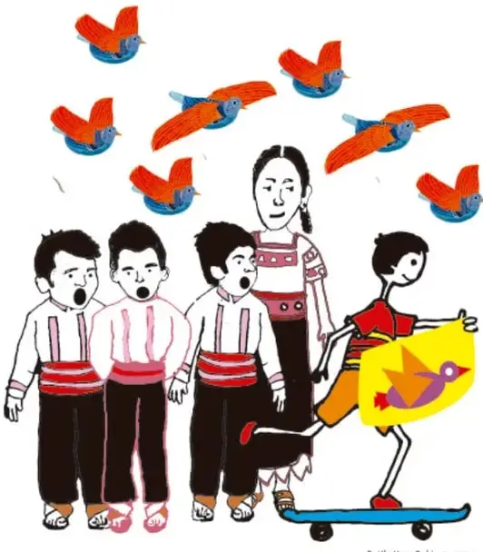 Ilustración de niños y niñas con aves de papel; crédito Rutila Vega Rubio, Tlaxcala.